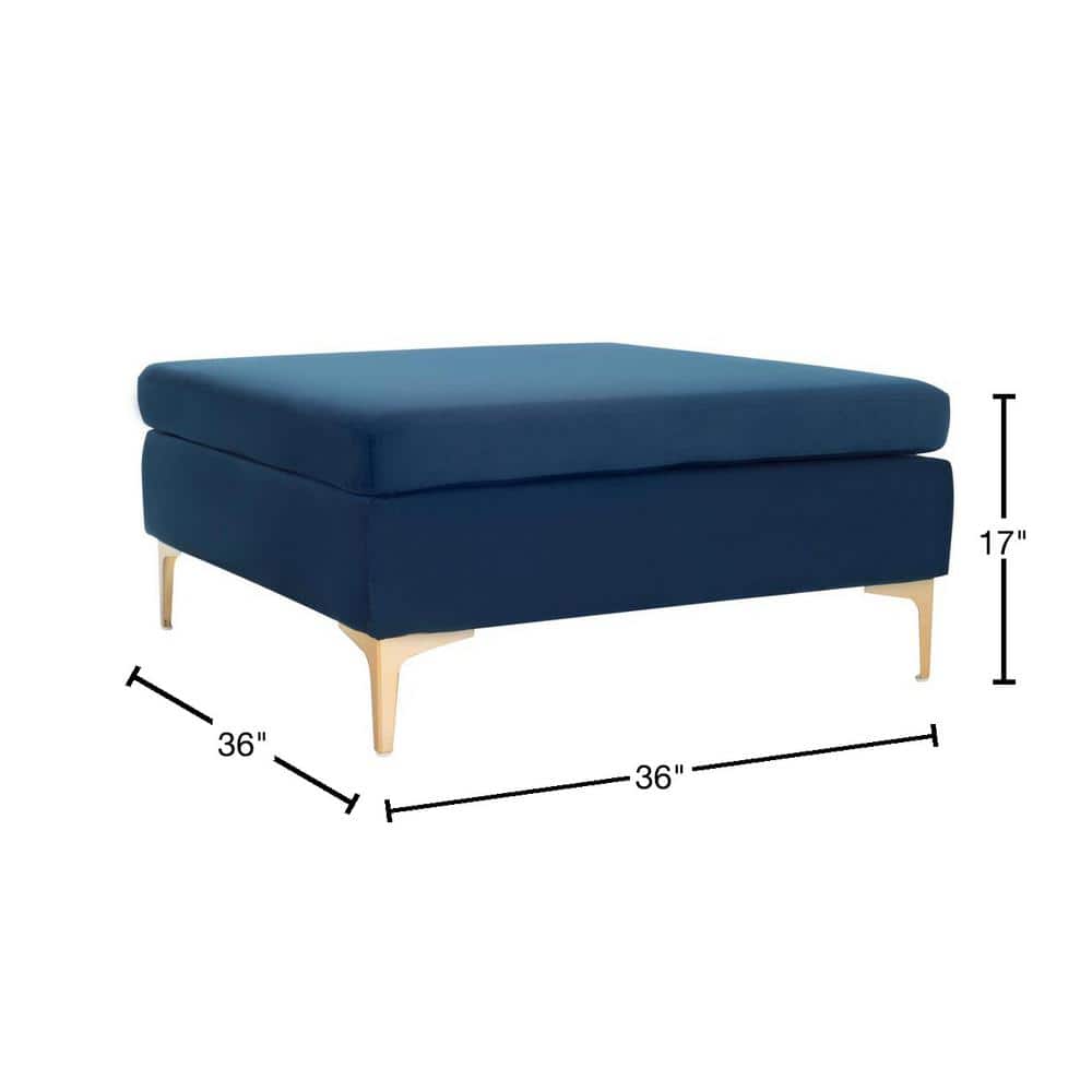 Giovanna Navy Velvet 36" Square Ottoman with Brass Metal Legs