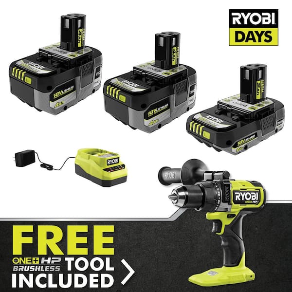 RYOBI ONE+ 18V HIGH PERFORMANCE Kit w/ (2) 4.0 Ah Batteries, 2.0 Ah Battery, Charger, & FREE ONE+ HP Brushless Hammer Drill