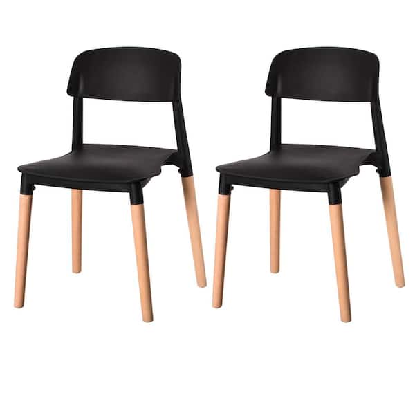FABULAXE Black Modern Plastic Dining Chair Open Back with Beech Wood Legs (Set of 2)