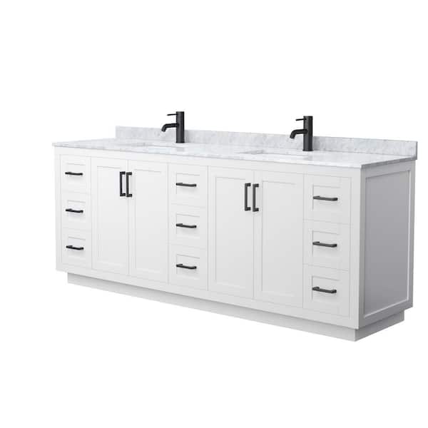 Wyndham Collection Miranda 84 in. W x 22 in. D x 33.75 in. H Double Bath Vanity in White with White Carrara Marble Top