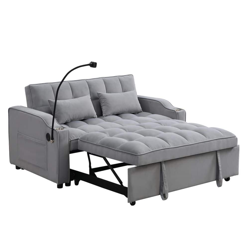 70.2 in. Light Gray Velvet Full Size 3-in-1 Convertible Loveseat Sofa Bed in with USB Ports, 3-Level Backrest