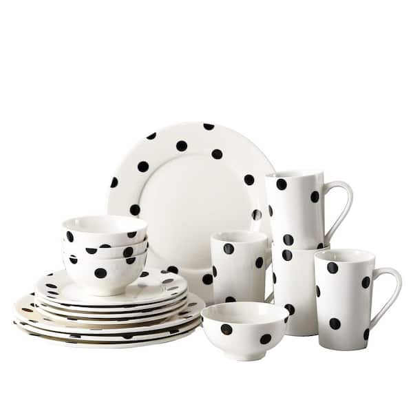 16-Piece Black and White Polka Dot Dinnerware Set for 4 Porcelain Plates Bowls Mugs, Microwave Safe Set