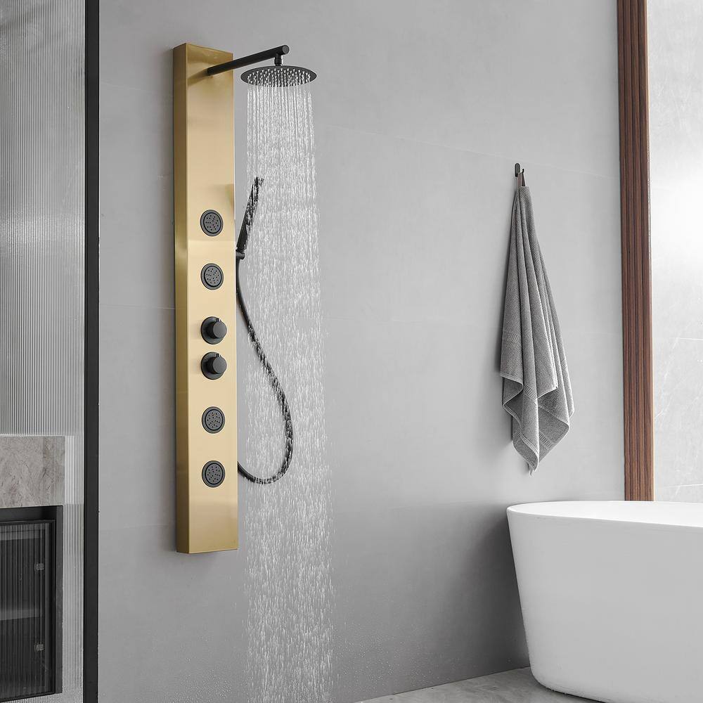 Gold and Black Stainless Steel Shower Panel System with Rainfall Showerhead