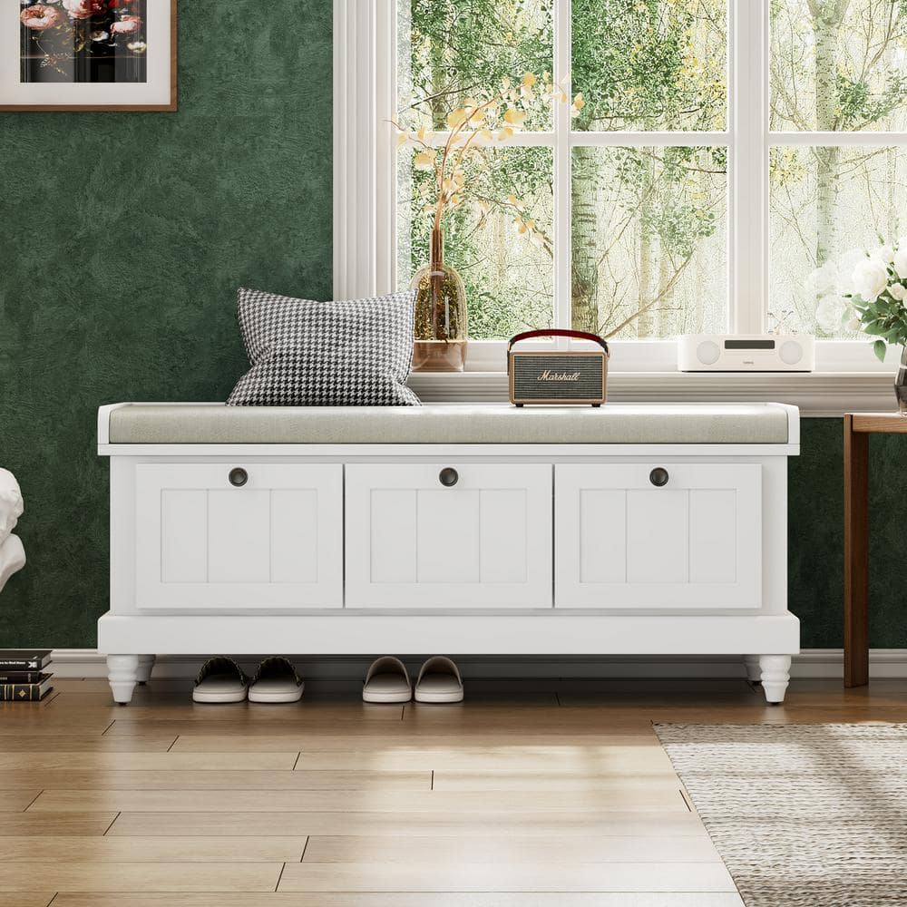 White 44 in. Bedroom Bench without Back 3-Drawers Storage Bench w/Removable