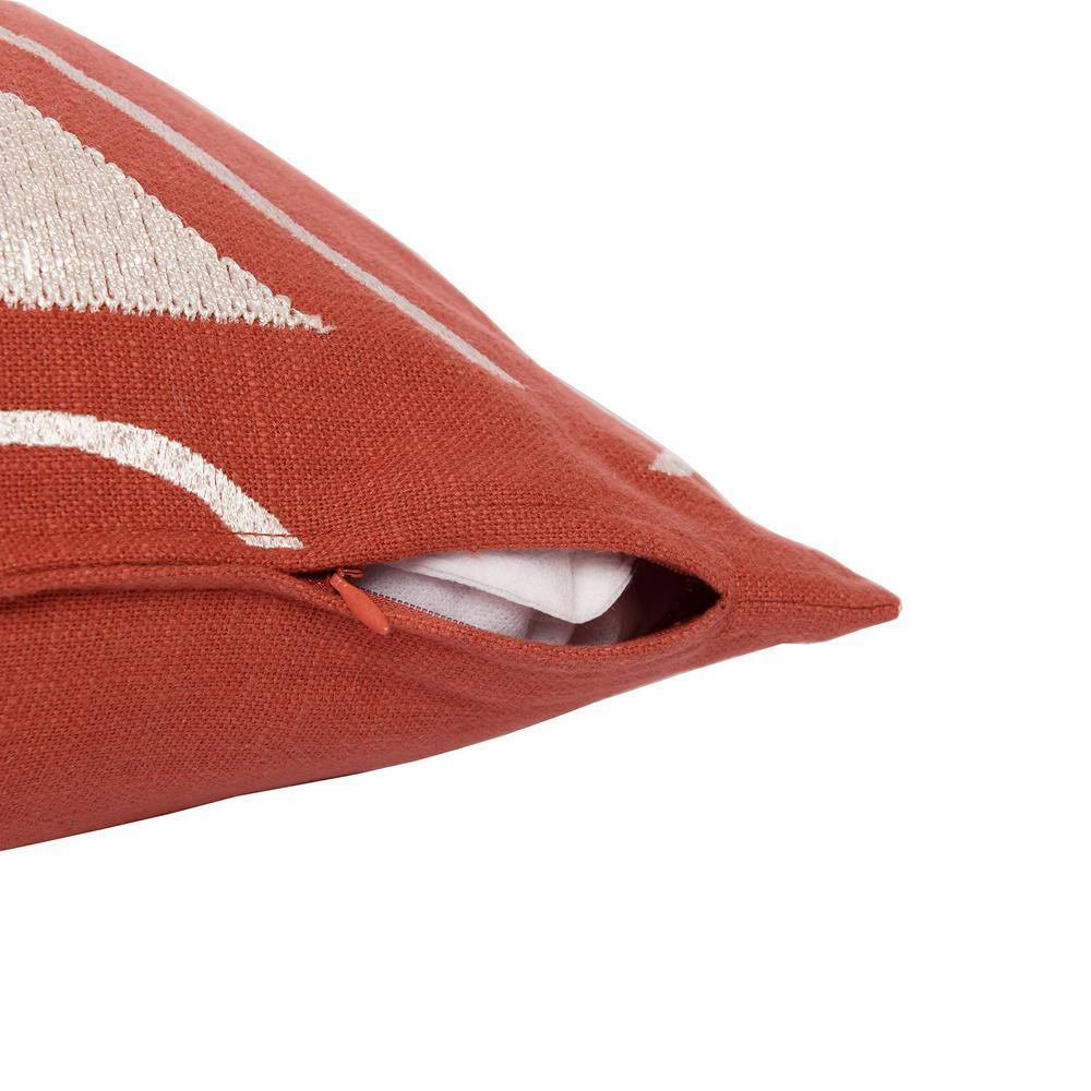 Orange and Ivory Geometric Embroidered Cotton Blend Throw Pillow