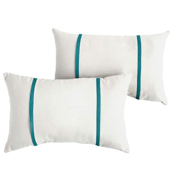 SORRA HOME Sunbrella Ivory with Peacock Green Rectangular Outdoor Knife Edge Lumbar Pillows (2-Pack)