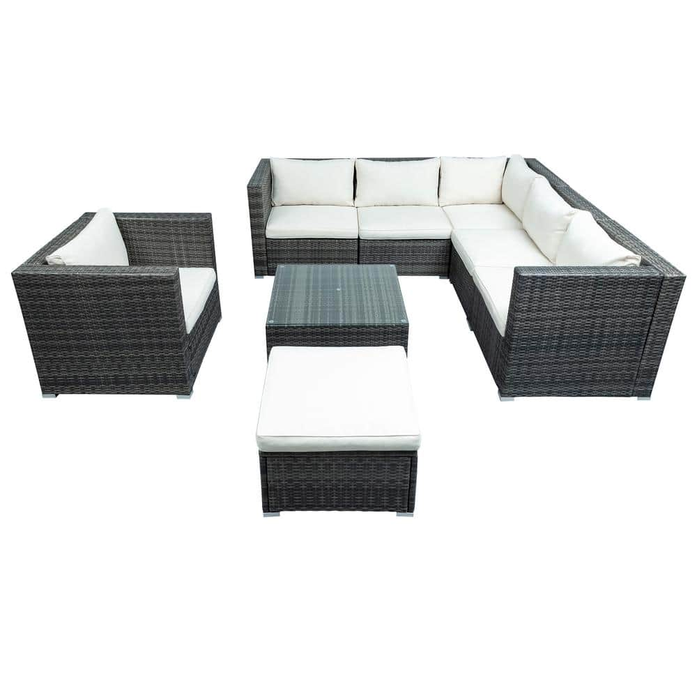 Gray 8-Piece Rattan Wicker Outdoor Patio Sectional Set Corner Sofa with ...