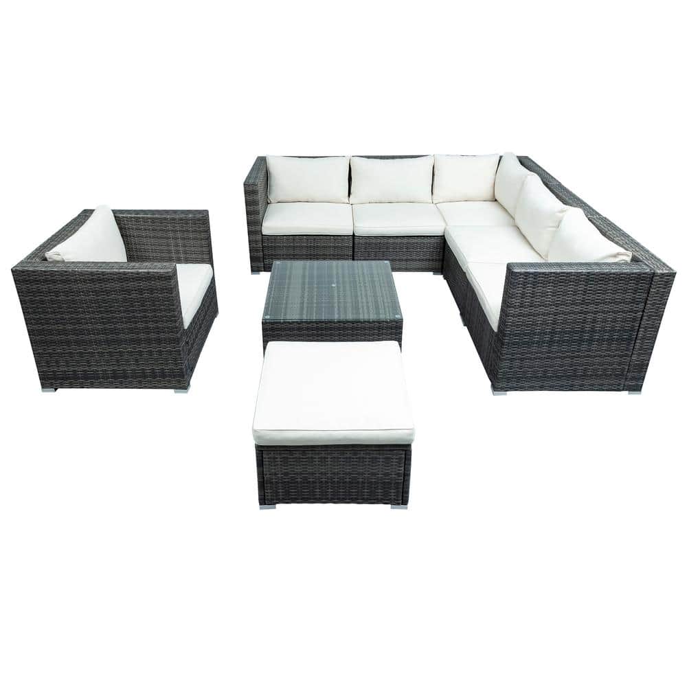 Gray 8-Piece Wicker Patio Conversation Sectional Seating Set with Beige Cus