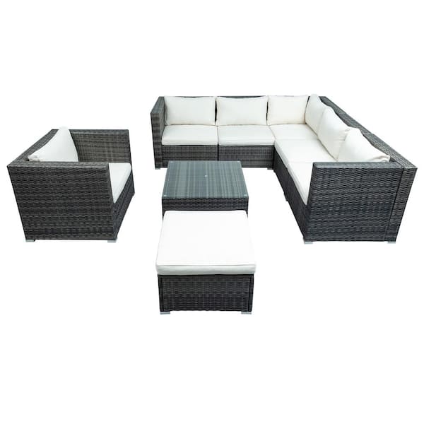 FORCLOVER Gray 8-Piece Wicker Patio Conversation Set with Beige Cushions