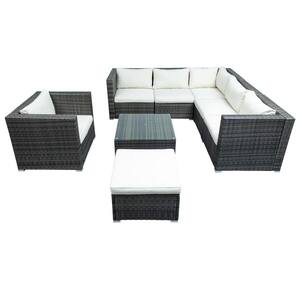 Gray 8-Piece Wicker Metal Fabric Outdoor Sectional Set with Beige Cushions