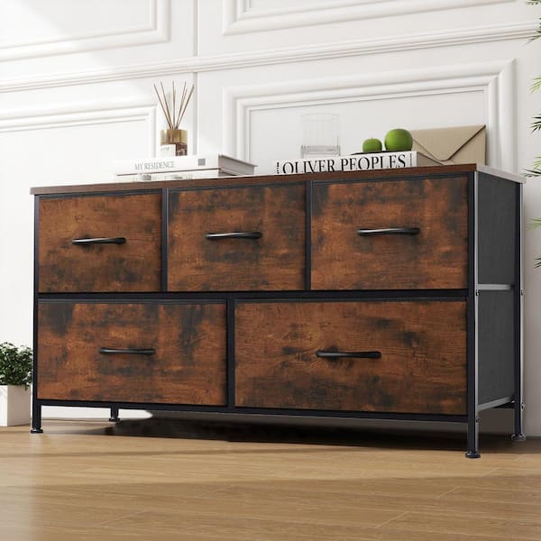 Wonder Comfort Modern Rust Brown 5 Drawer 11.8 in. Wide Chest of Drawers with Fabric Bin, Steel Frame, Wood Top for Bedroom, Entryway