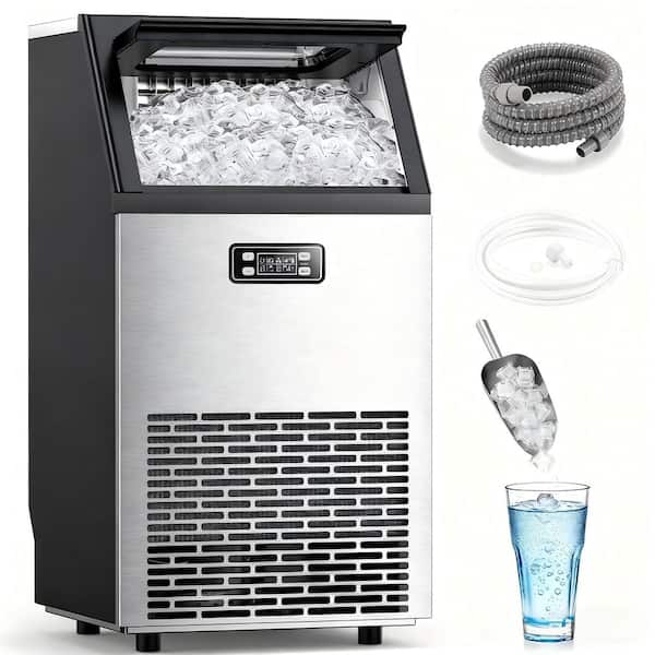 15.28 in. 33 lb. Ice Storage 100 lb. Ice Per day Cubed Ice Maker (Stainless Steel with Scoop)