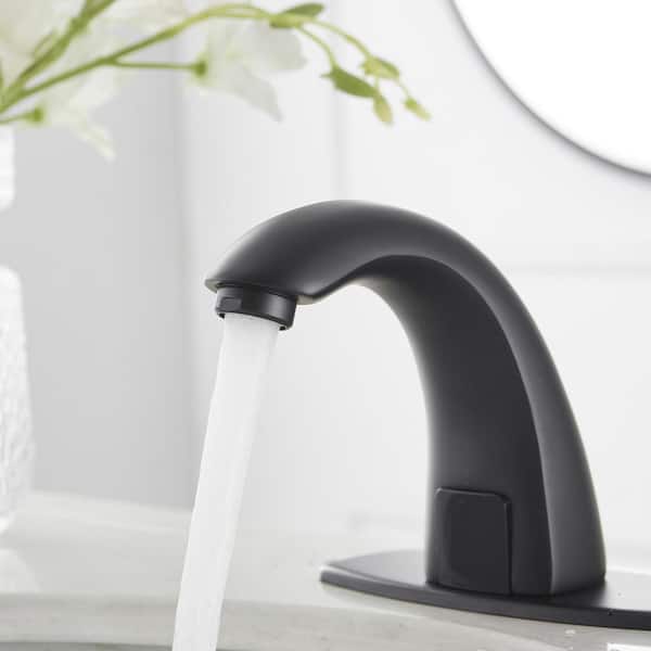 Automatic Sensor Touchless Single Hole Bathroom Sink Faucet with Deck Plate and Pop-Up Drain in Matte Black