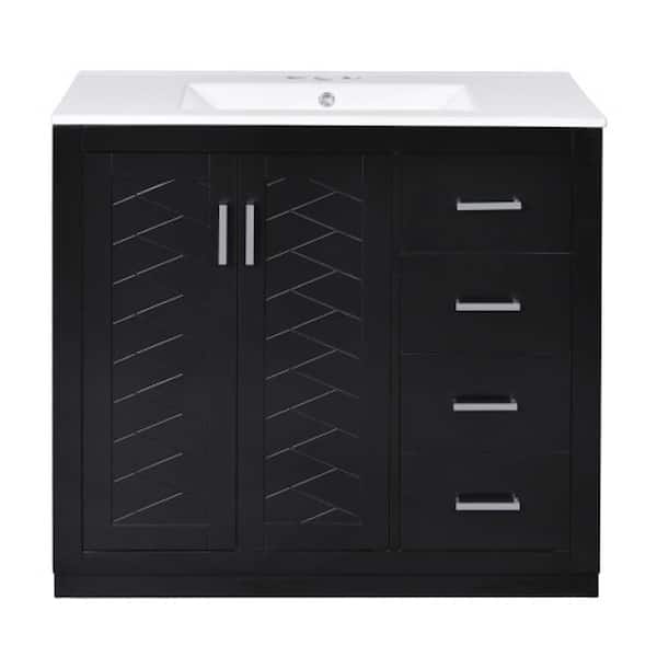 36 in. Black Bath Vanity with White Ceramic Sink Top Combo, Freestanding Vanity Set with 3 Drawers & Soft Closing Doors