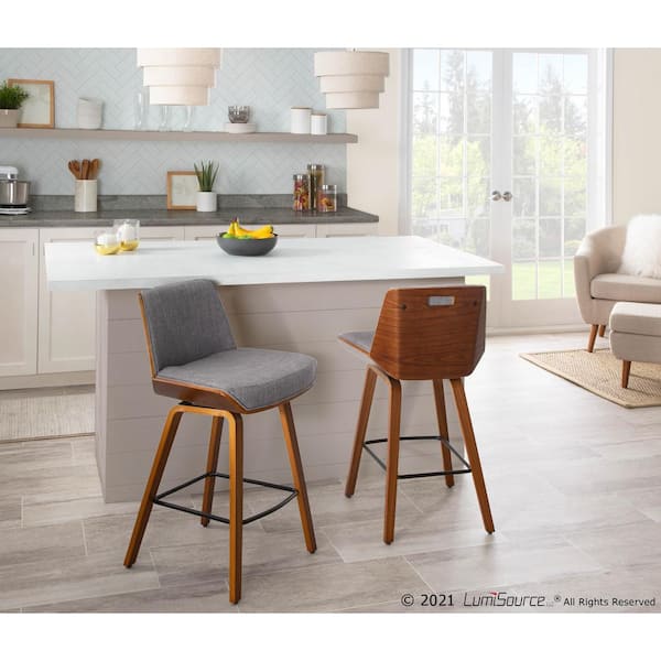 Corazza Mid-Century Modern Walnut Wood and Light Grey Fabric Counter Stool