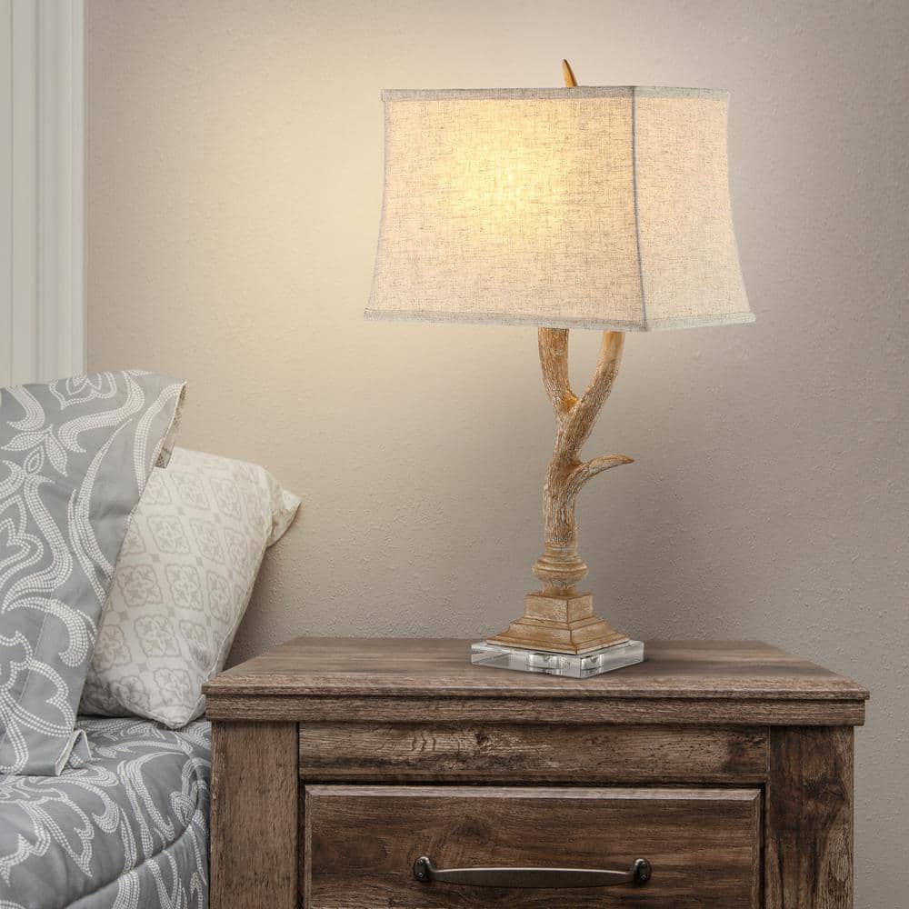 Beige Faux Antler Resin Table Lamp with Linen Shade