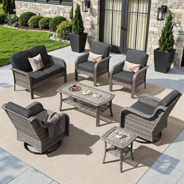 Missisi Gray 7-Piece Wicker Patio Conversation Set with Black Cushions and Swivel Chairs