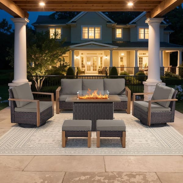 6-Piece Brown Wicker Outdoor Patio Conversation Sets Patio Gliding Chair for Backyard and Ottoman, with Gray Cushions