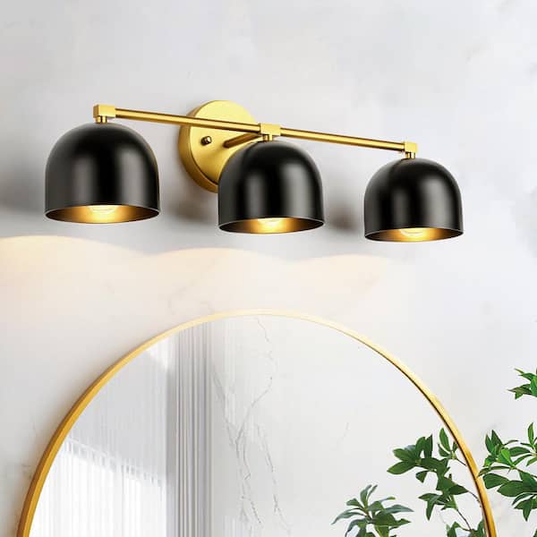 Bernhard 23.62 in. W 3-Light Matte Black with Brushed Gold Dome Metal Vanity Light