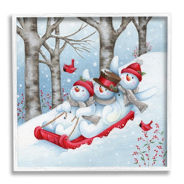 Stupell Industries Happy Snowman Trio Sledding by Emma Leach 1-Piece Framed Graphic Print Animal Poster Art Print 24 in. x 24 in.