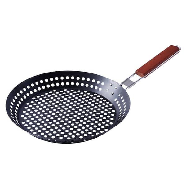 1-Piece Black Non-Stick Carbon Steel Grill Pans with Foldable Wooden Handle for Stovetop and Outdoor Grills