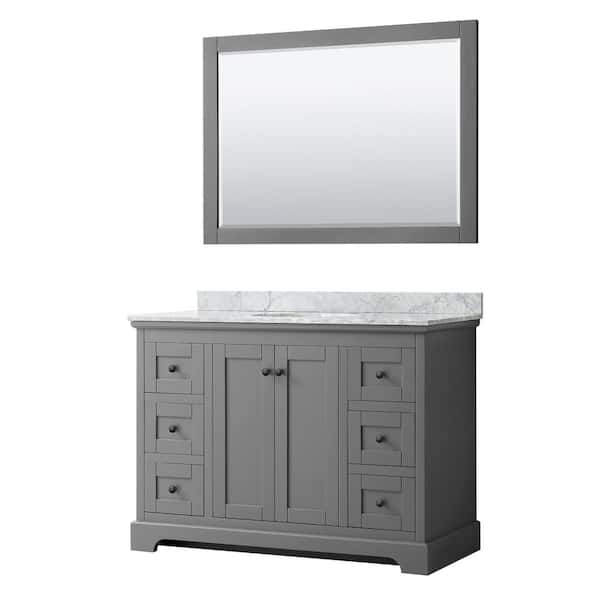 Wyndham Collection Avery 48 in. W x 22 in. D x 35 in. H Single Bath Vanity in Dark Gray with White Carrara Marble Top and 46 in. Mirror