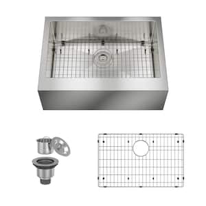 Stainless Steel 30 in. L x 22 in. W Rectangular Single Bowl Farmhouse Apron Kitchen Sink with Grid and Strainer