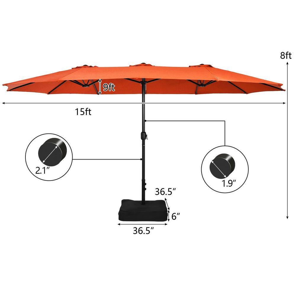15 ft Orange Double-Sided Patio Umbrella with Crank and Base