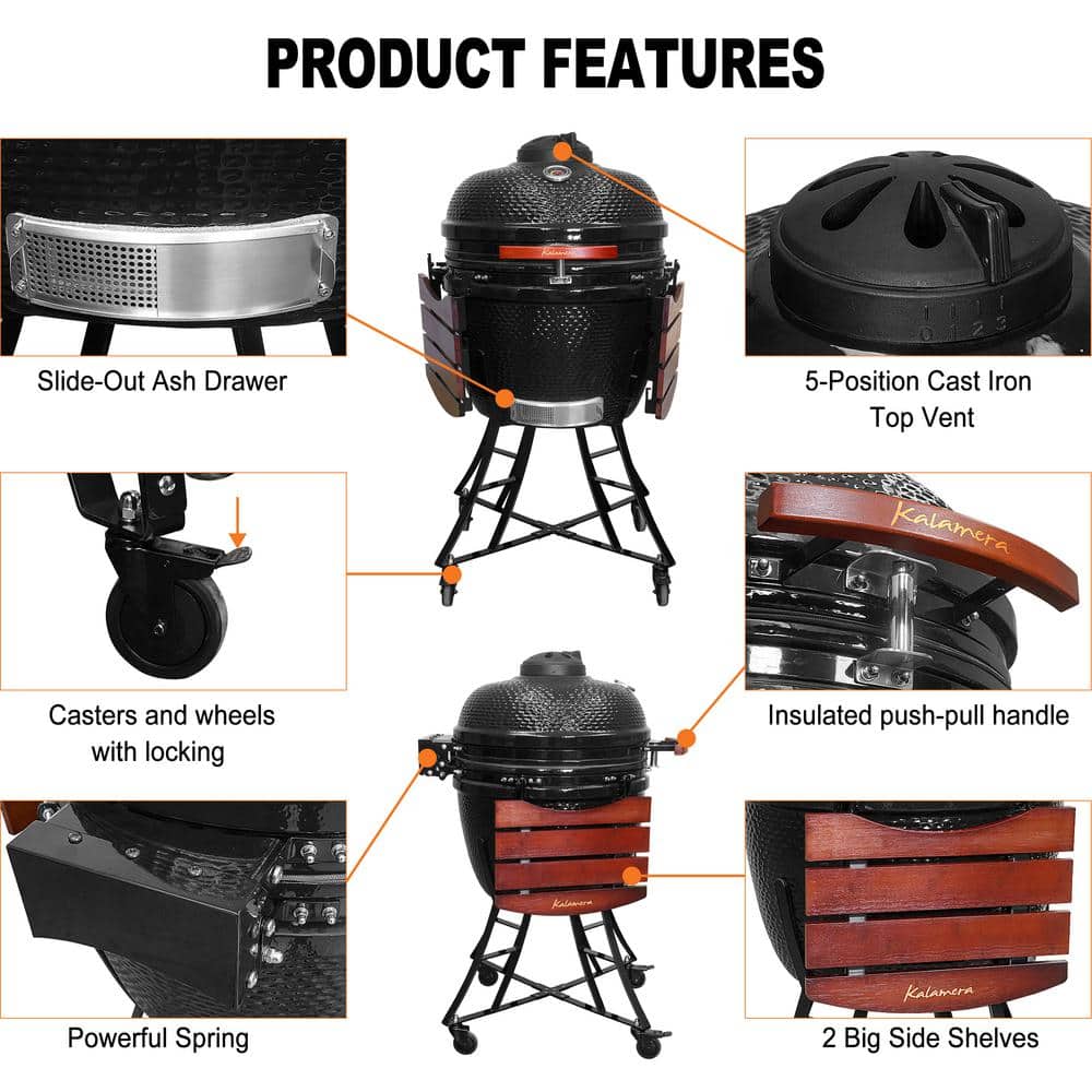 Kalamera 24'' Black Ceramic Kamado Charcoal Grill with Cart