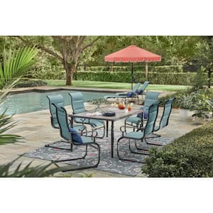 Glenridge Falls 7-Piece Metal Outdoor Dining Set with Wood Finish Table and Rocking Sling Chairs in Aloe