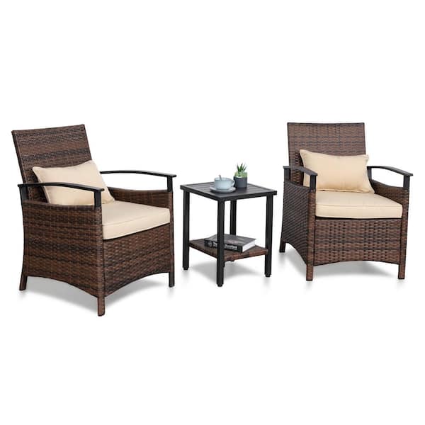Mondawe Brown 3-Piece Outdoor Wicker Patio Conversation Set Storage Side Table & Wicker Chairs Set with Beige Cushions