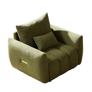 Modern Wood Outdoor Lounge Chair, Teddy Fabric Sofa with Green Cushions for Apartment, Office, Living Room, Bedroom