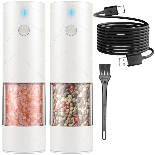 2-Pack White Electric Salt and Pepper Mills Set USB Rechargeable with Warm LED Light, for Kitchen Restaurant Outdoor Use