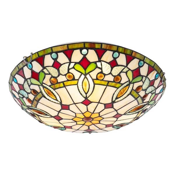 OUKANING Multicolor Vintage Flush Mount 16 in. 3-Light Ceiling Light with Glass Shade and No Bulbs Included