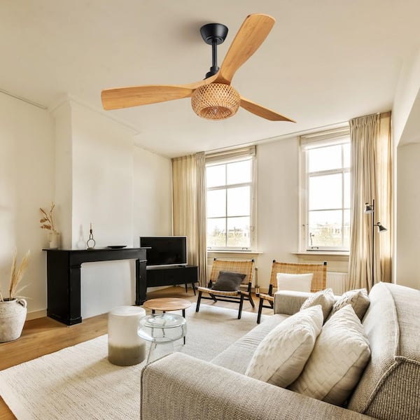 52 in. Integrated LED Indoor Yellow Boho Ceiling Fan with Wickerwork Cage, Timer and Remote Control