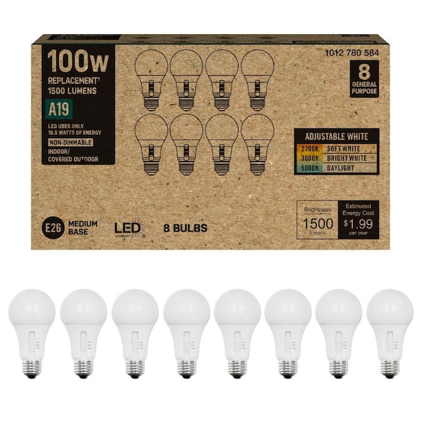 100-Watt Equivalent A19 Non-Dimmable CEC LED Light Bulb with Selectable Color Temperature (8-Pack)