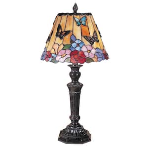 24 in Butterfly Peony Fieldstone Finish Table Lamp with Tiffany Art Glass Table Lamp