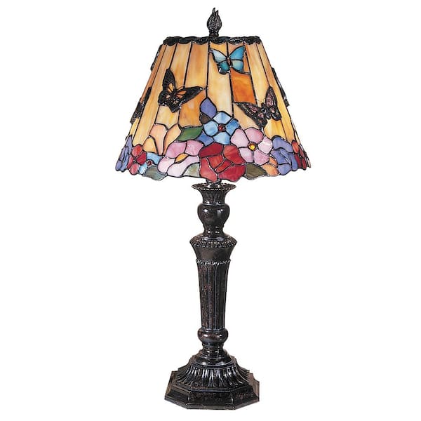 Dale Tiffany 24 in Butterfly Peony Fieldstone Finish Table Lamp with Tiffany Art Glass Table Lamp