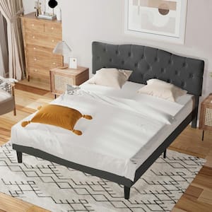 Upholstered Platform Bed with Button-Tufted Headboard Wood Slat Support Easy Assembly - Queen Dark Gray 62.8 in. W