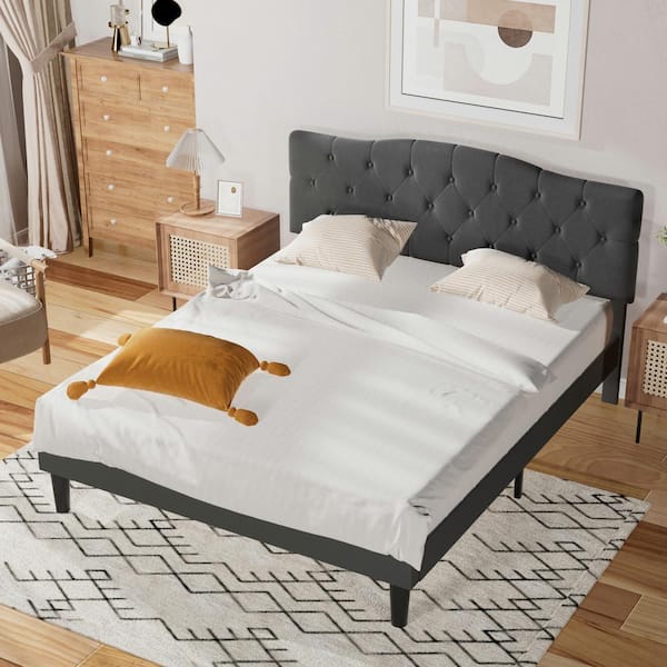 VECELO Upholstered Platform Bed with Button-Tufted Headboard Wood Slat ...
