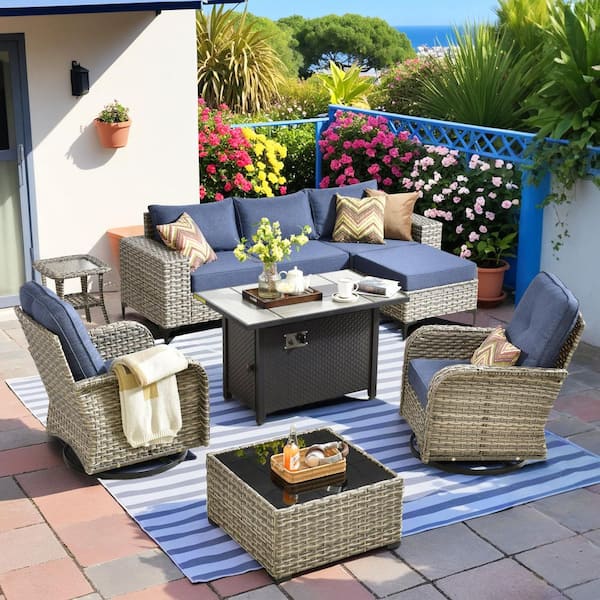 Pansy 9-Piece Outdoor Wicker Patio 42" Fire Pit Conversation Set with Swivel Rocking Chairs and Denim Blue Cushions