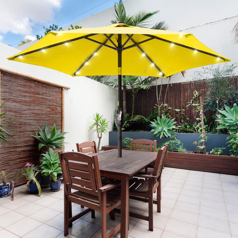 bright yellow patio umbrella JOYESERY 7.5 ft. Solar LED Patio Umbrellas With Solar Lights and Tilt Button Market Umbrellas, Yellow