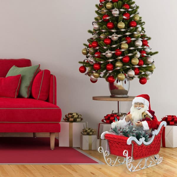 28 in. Santa Claus in Sleigh with Teddy Bear, Toy Sack, Music, Lights, Standing Decor, Christmas Animatronics