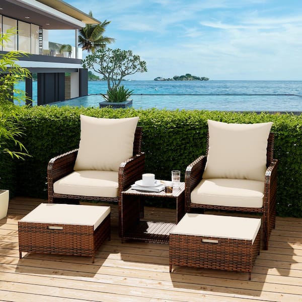 Unbranded 3 of Piece Brown Wicker/Rattan Patio Conversation Sets With White Cushion