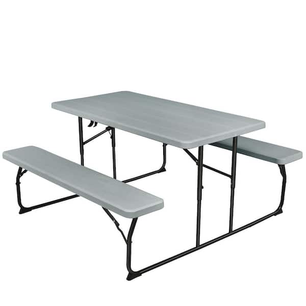 HONEY JOY Grey Metal Indoor and Outdoor Folding Picnic Table with Bench Seat Heavy-Duty Portable Camping Table Set