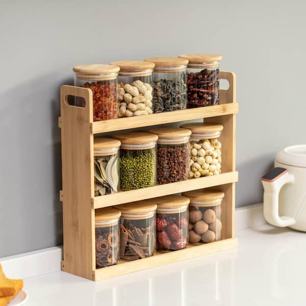 Basicwise Versatile 3-Tier Bamboo Spice Rack and Pantry Organizer