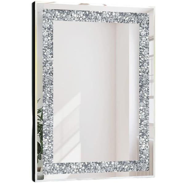 Afoxsos 35.4 in. x 23.6 in. Rectangular Gorgeous Silver Wall Mounted Mirror with Crush Diamond