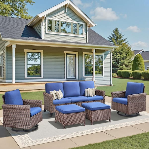 5-Piece Swivel Glider Wicker Patio Conversation Set Outdoor Sofa Couch Seating Set with Blue Cushions