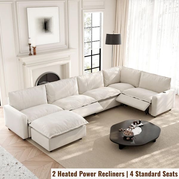 Magic Home Power Recliner 140 in. Square Arm Beige Linen 6-Pieces U-Shape Modular Sectional Sofa with Ottoman, Heat and USB Ports MH-151BE-V5+1