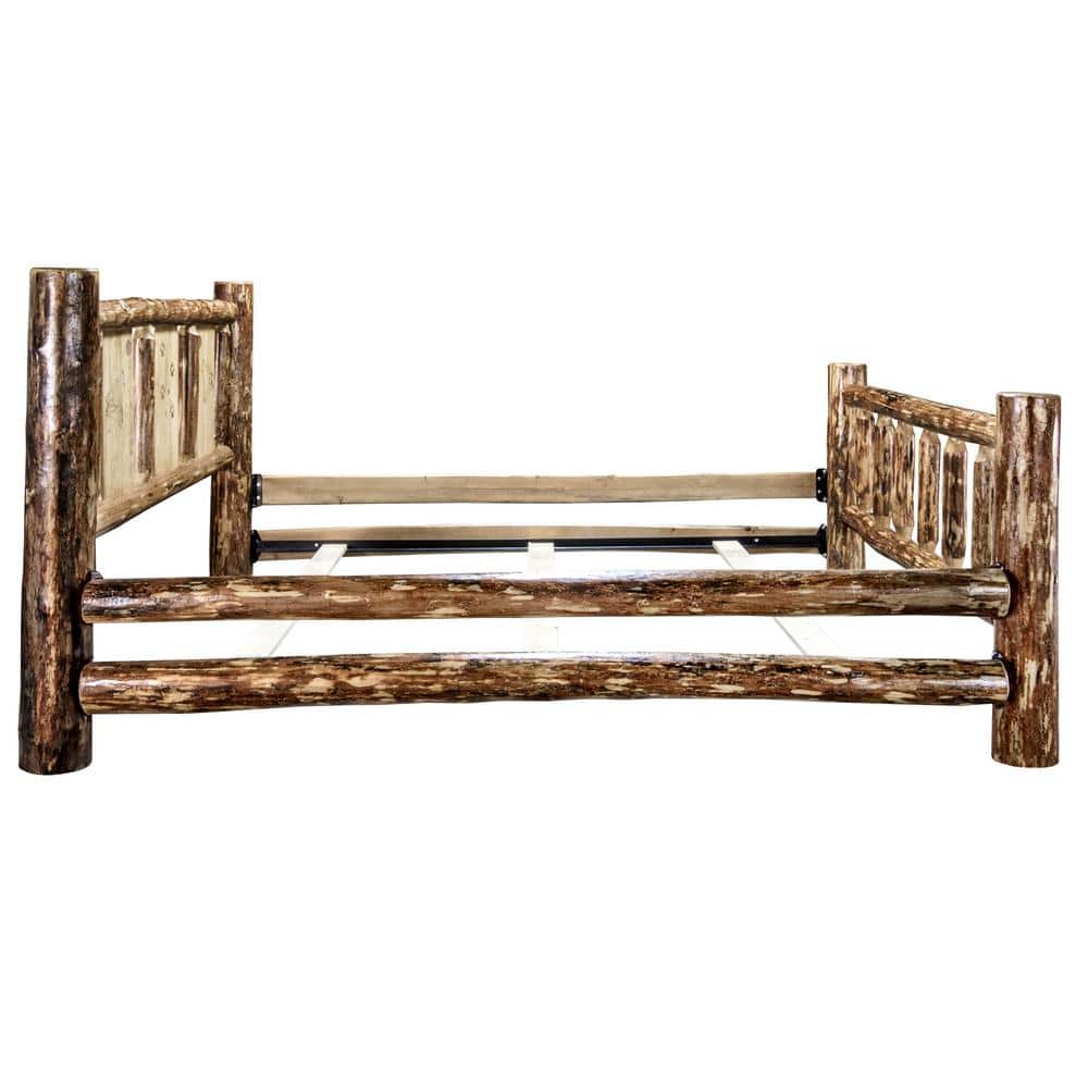 Rustic Pine Queen Bed with Wolf Engraving and Wood Headboard